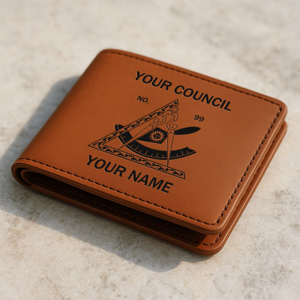 Customized Cryptic Masonry Past Leader Symbol Engraved Leatherette Bifold Wallet