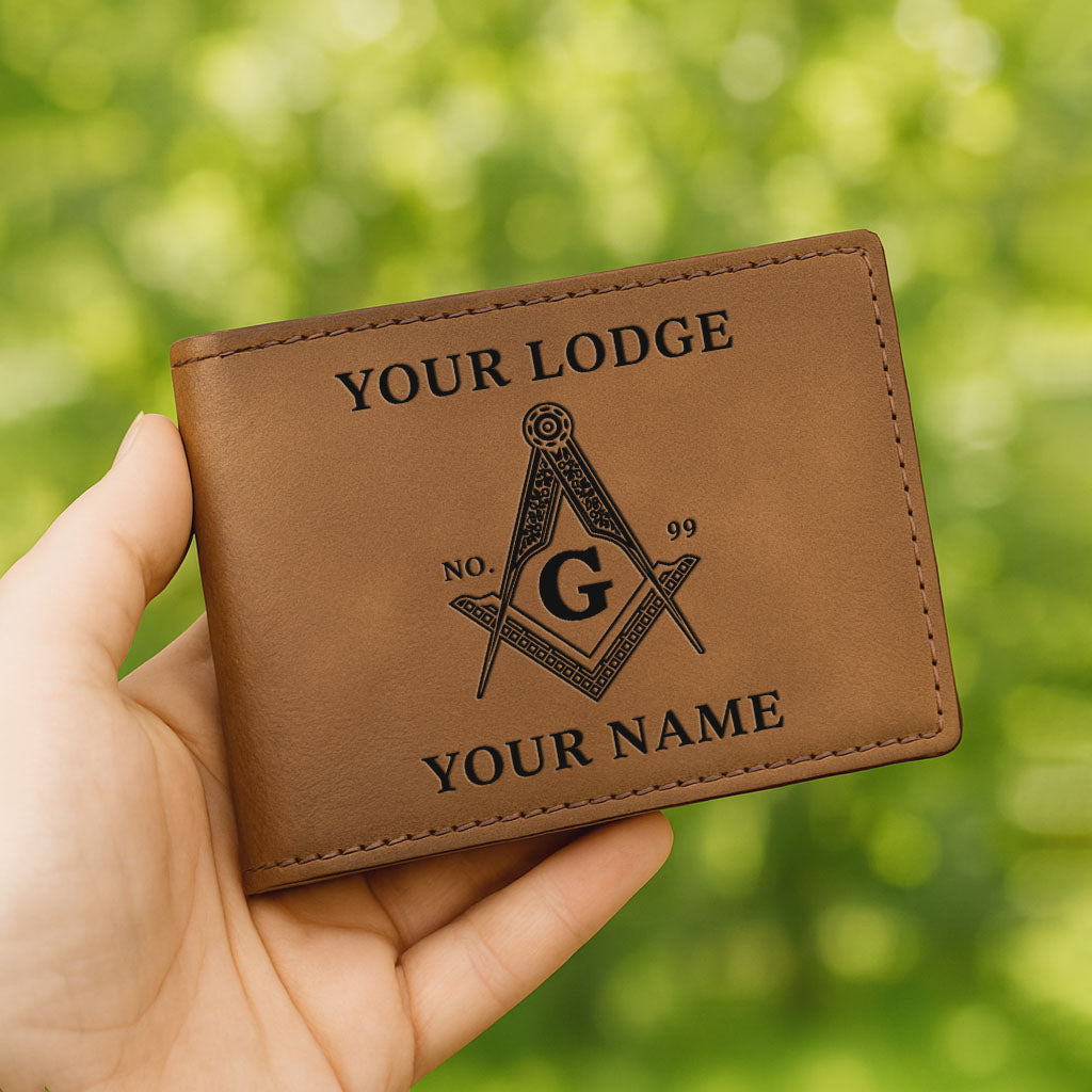 Customized Mason Symbol Mason Etched Pattern Freemason Leatherette Bifold Wallet