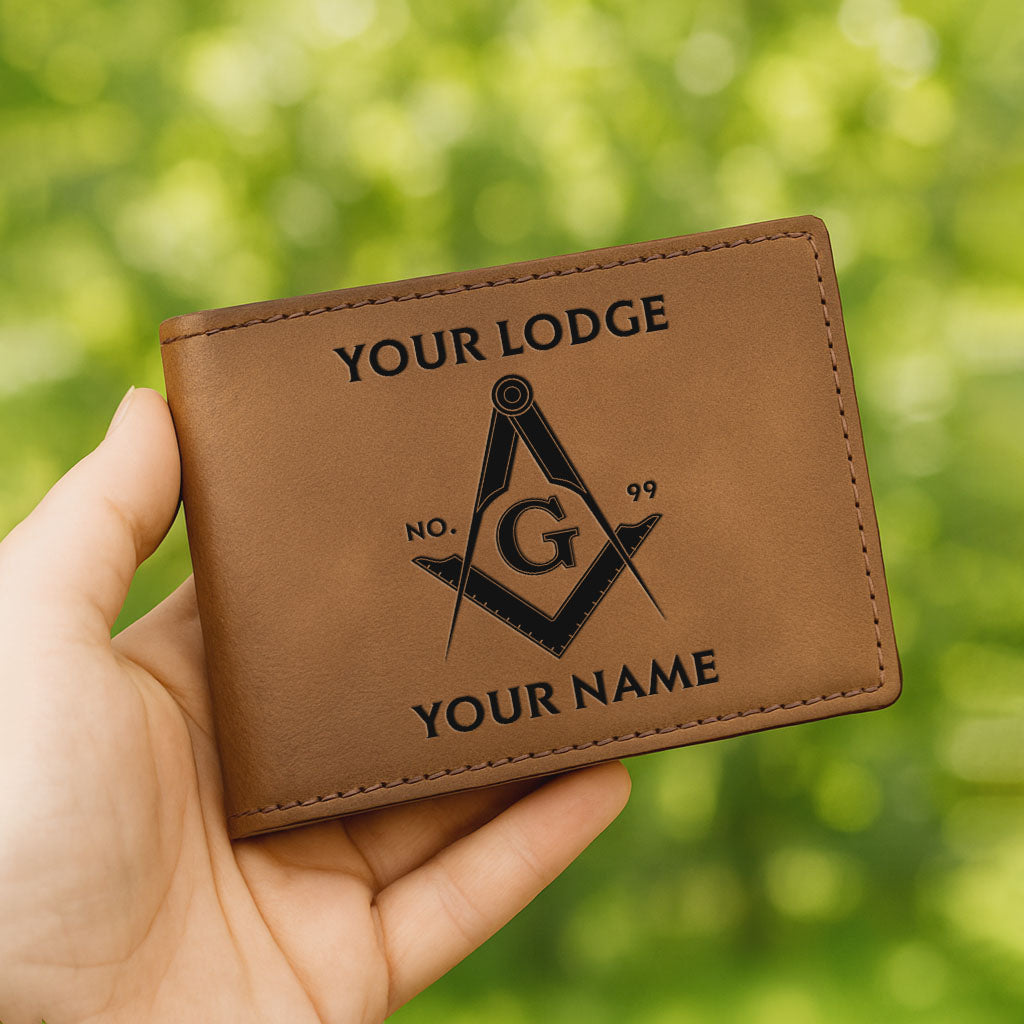 Customized Mason Symbol Outlined Pattern Freemason Leatherette Bifold Wallet
