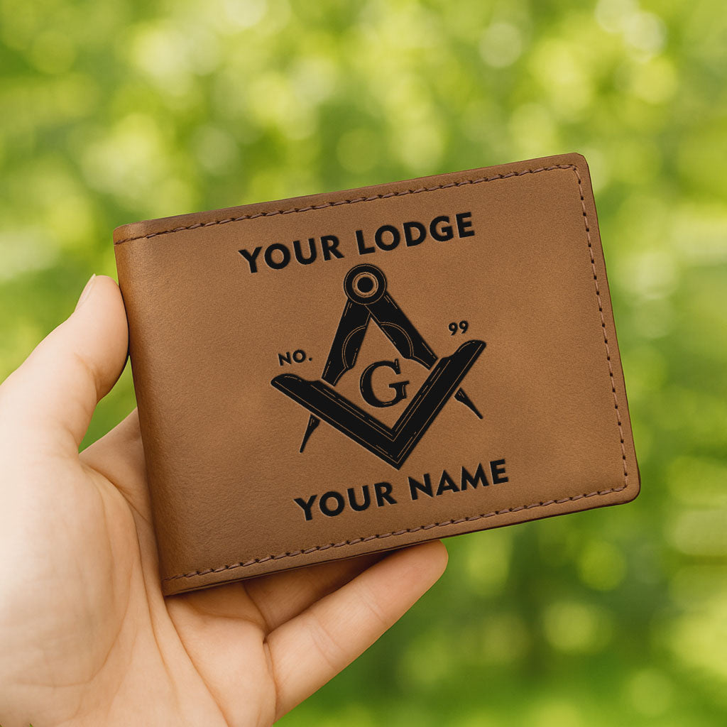 Customized Mason Symbol Masonic Thick Round Freemason Leatherette Bifold Wallet