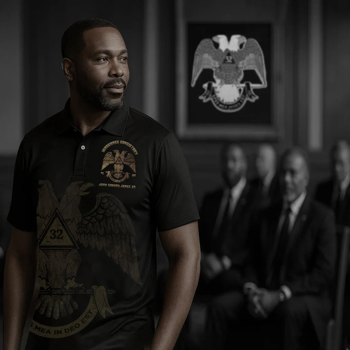 Man wearing a black shirt with an eagle emblem in a formal setting