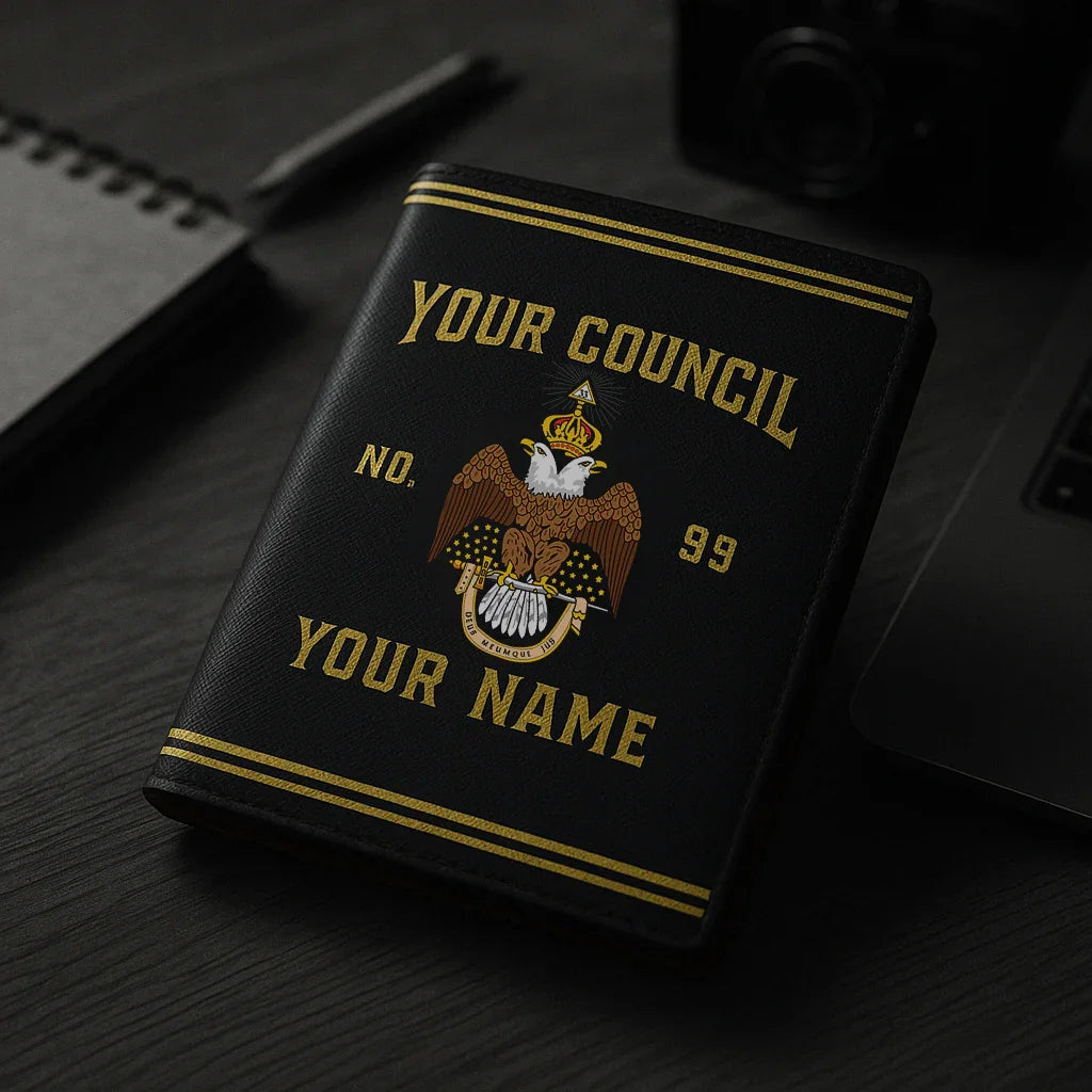 Black notebook with gold text and eagle design on a dark surface