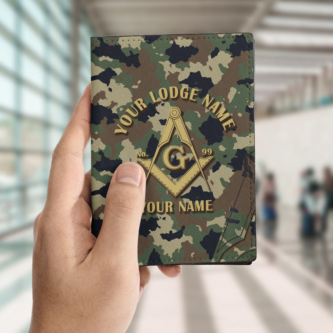 Custom Camo Freemason Masonic Symbol, Camouflage Leather Passport Holder
