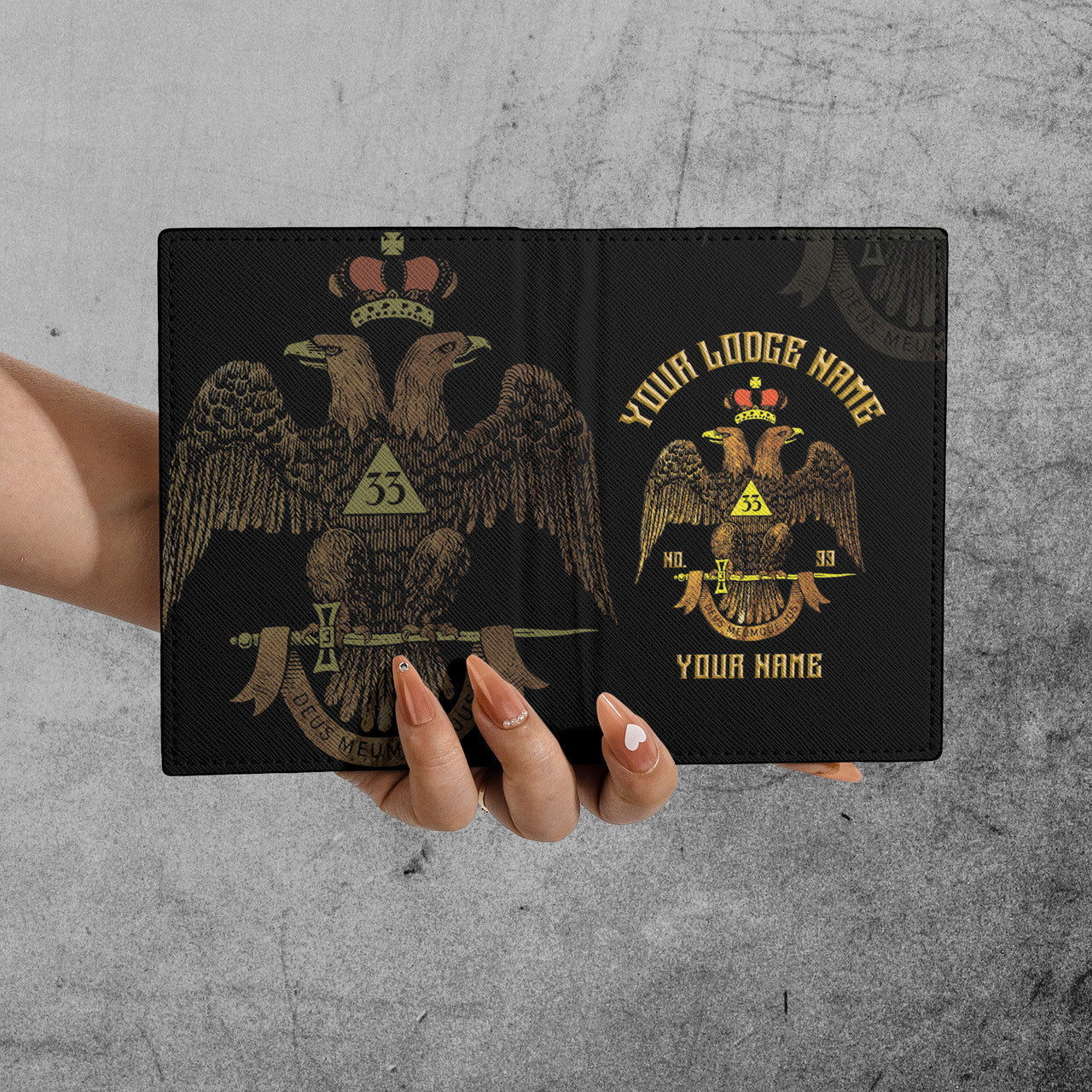 Custom Scottish Rite 33 Degree Emblem Masonic Leather Passport Holder - FUKAMASONIC
