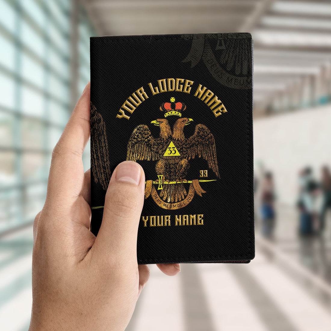Custom Scottish Rite 33 Degree Emblem Masonic Leather Passport Holder