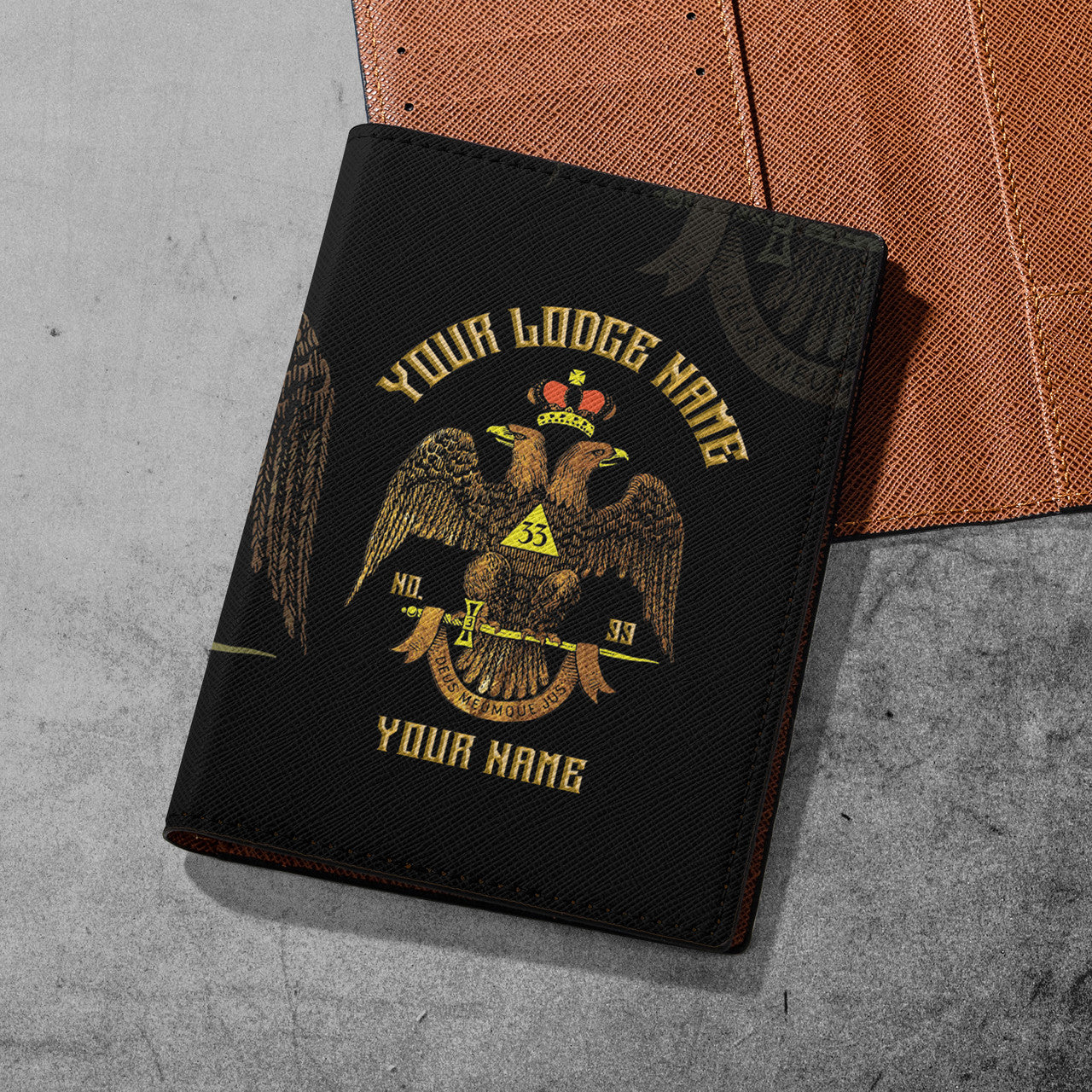 Custom Scottish Rite 33 Degree Emblem Masonic Leather Passport Holder - FUKAMASONIC