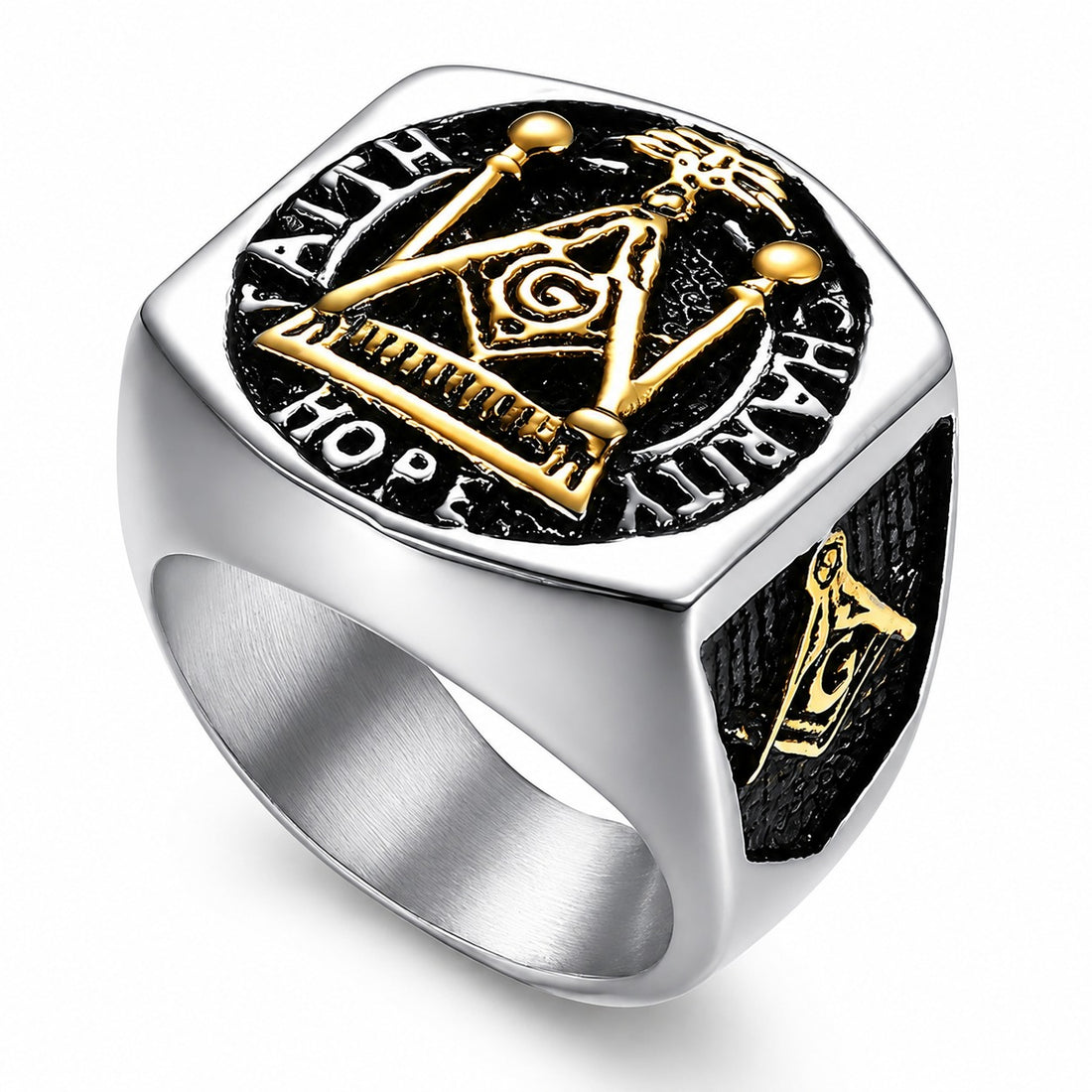 Master Masonic Silver Golden Freemason Compass Square Stainless Ring