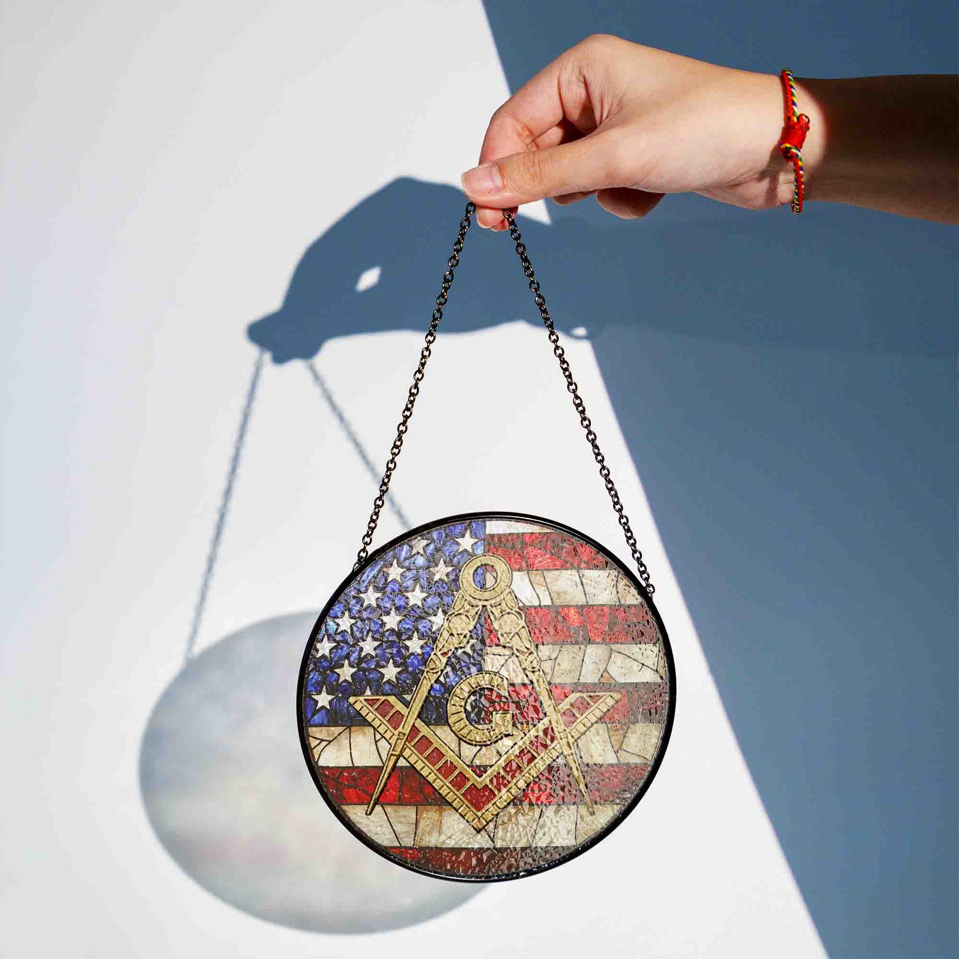 Masonic Symbol American Flag Stained Glass Suncatcher, Freemason Lodge Gift - FUKAMASONIC