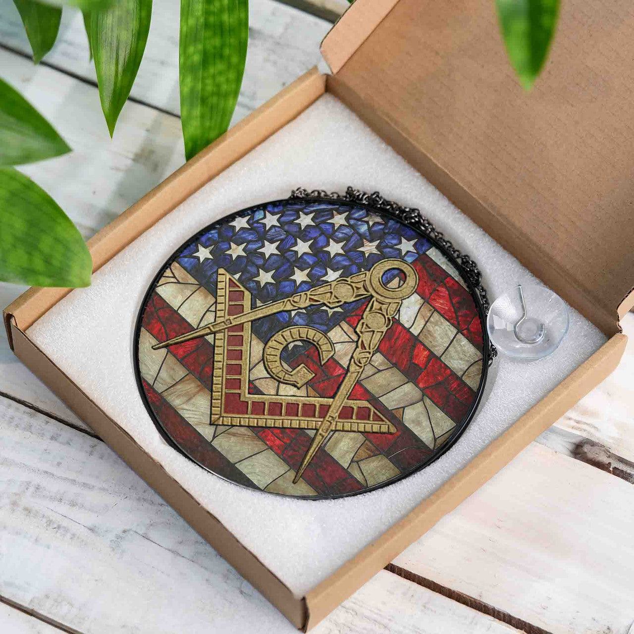 Masonic Symbol American Flag Stained Glass Suncatcher, Freemason Lodge Gift - FUKAMASONIC