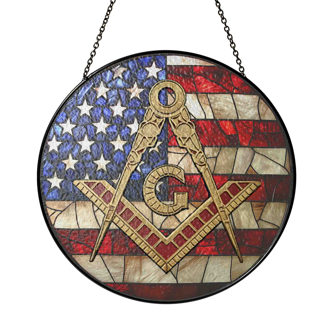 Masonic Symbol American Flag Stained Glass Suncatcher, Freemason Lodge Gift - FUKAMASONIC