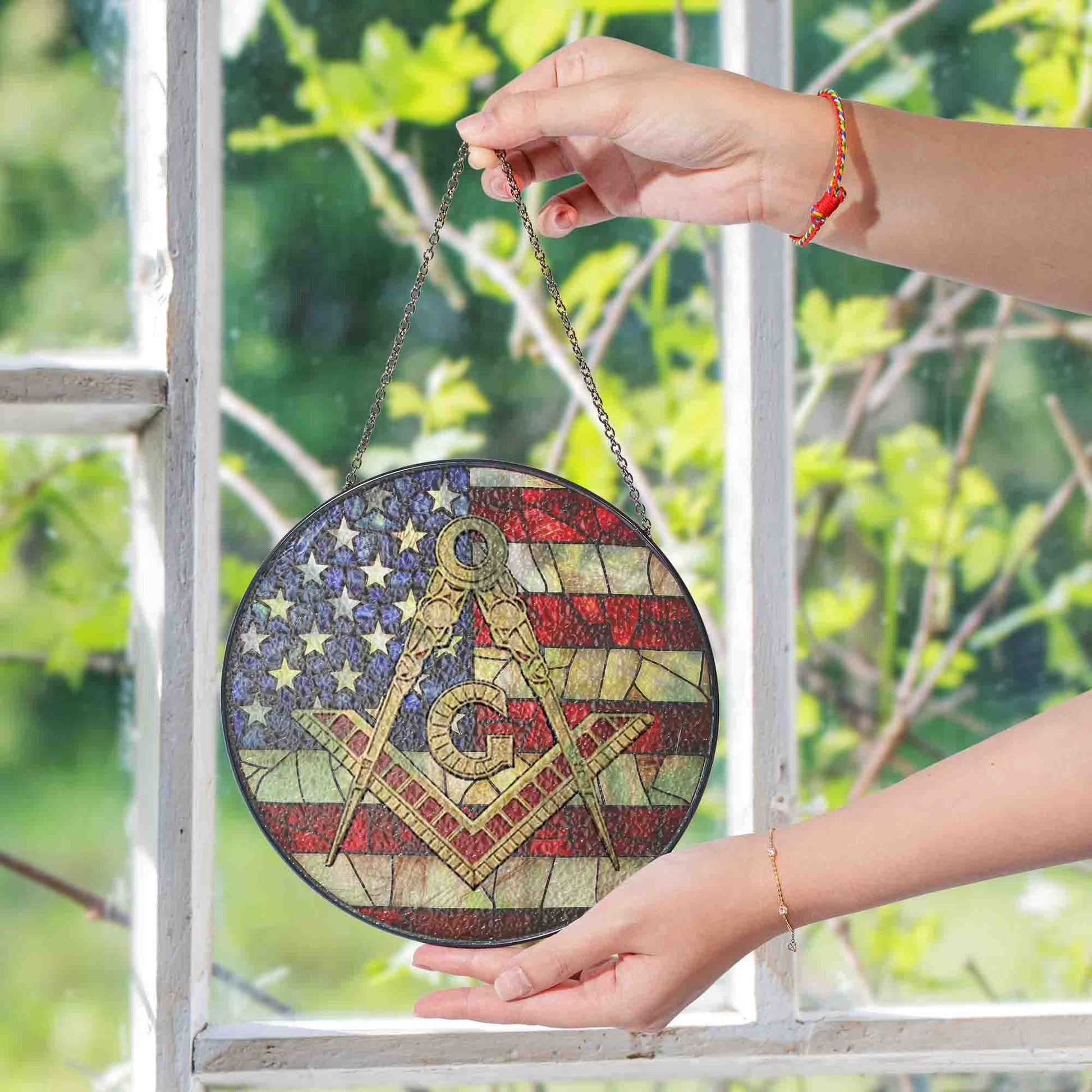 Masonic Symbol American Flag Stained Glass Suncatcher, Freemason Lodge Gift - FUKAMASONIC