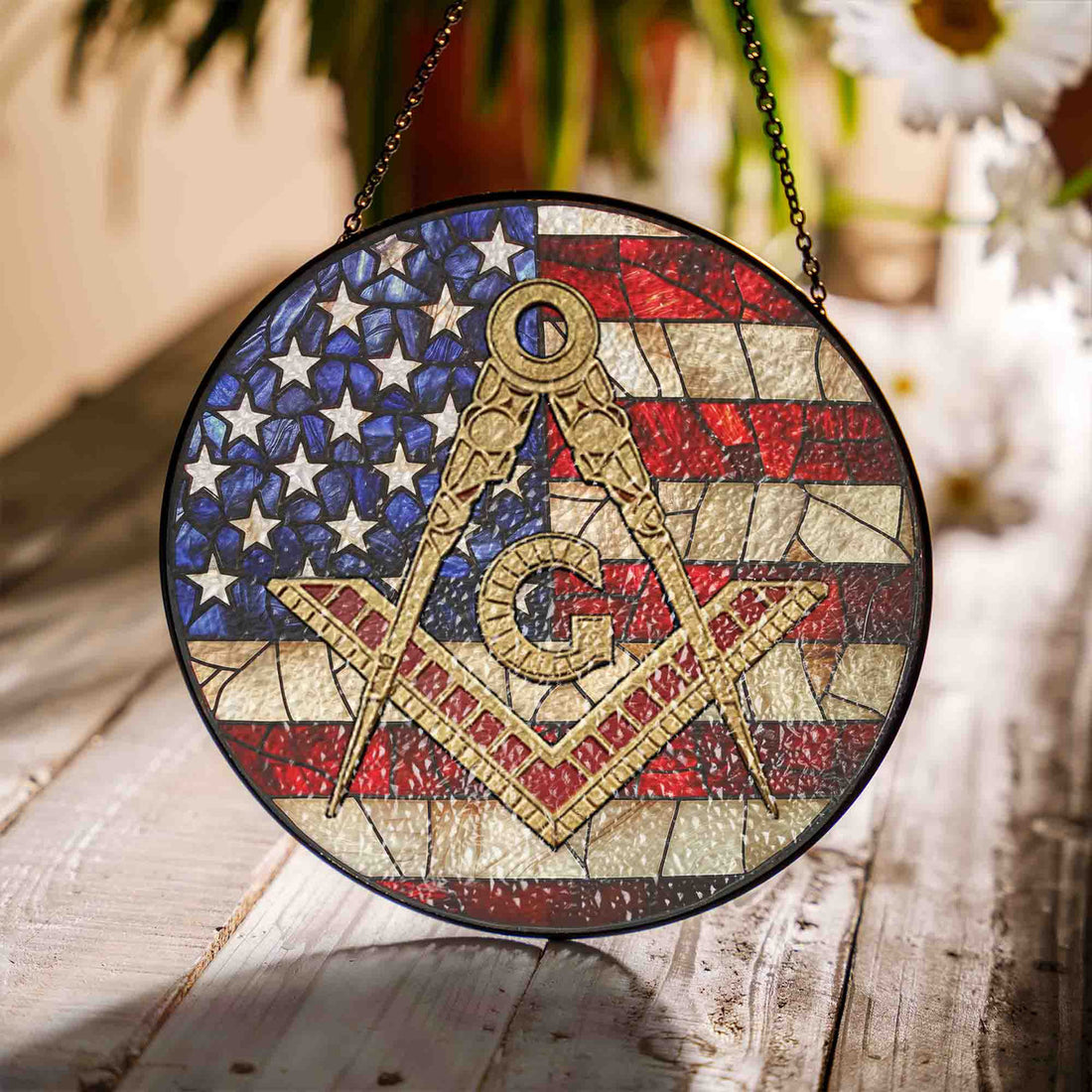 Masonic Symbol American Flag Stained Glass Suncatcher, Freemason Lodge Gift - FUKAMASONIC