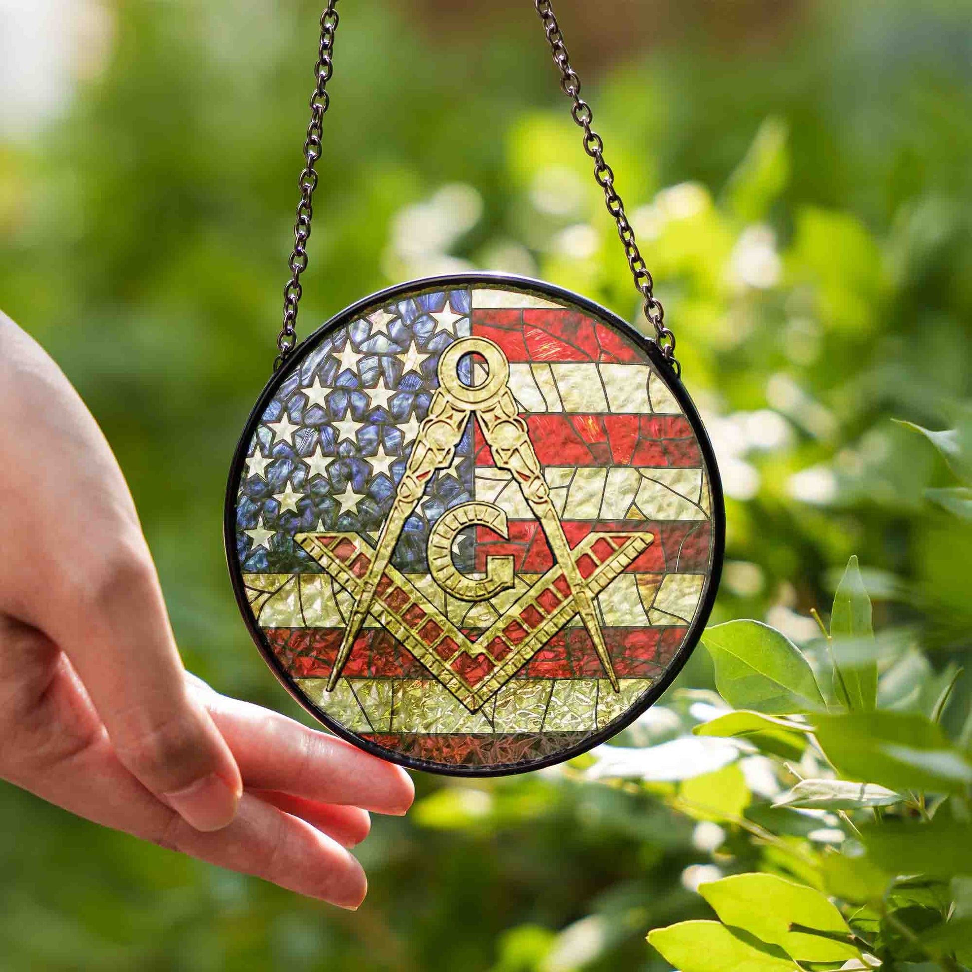 Masonic Symbol American Flag Stained Glass Suncatcher, Freemason Lodge Gift - FUKAMASONIC