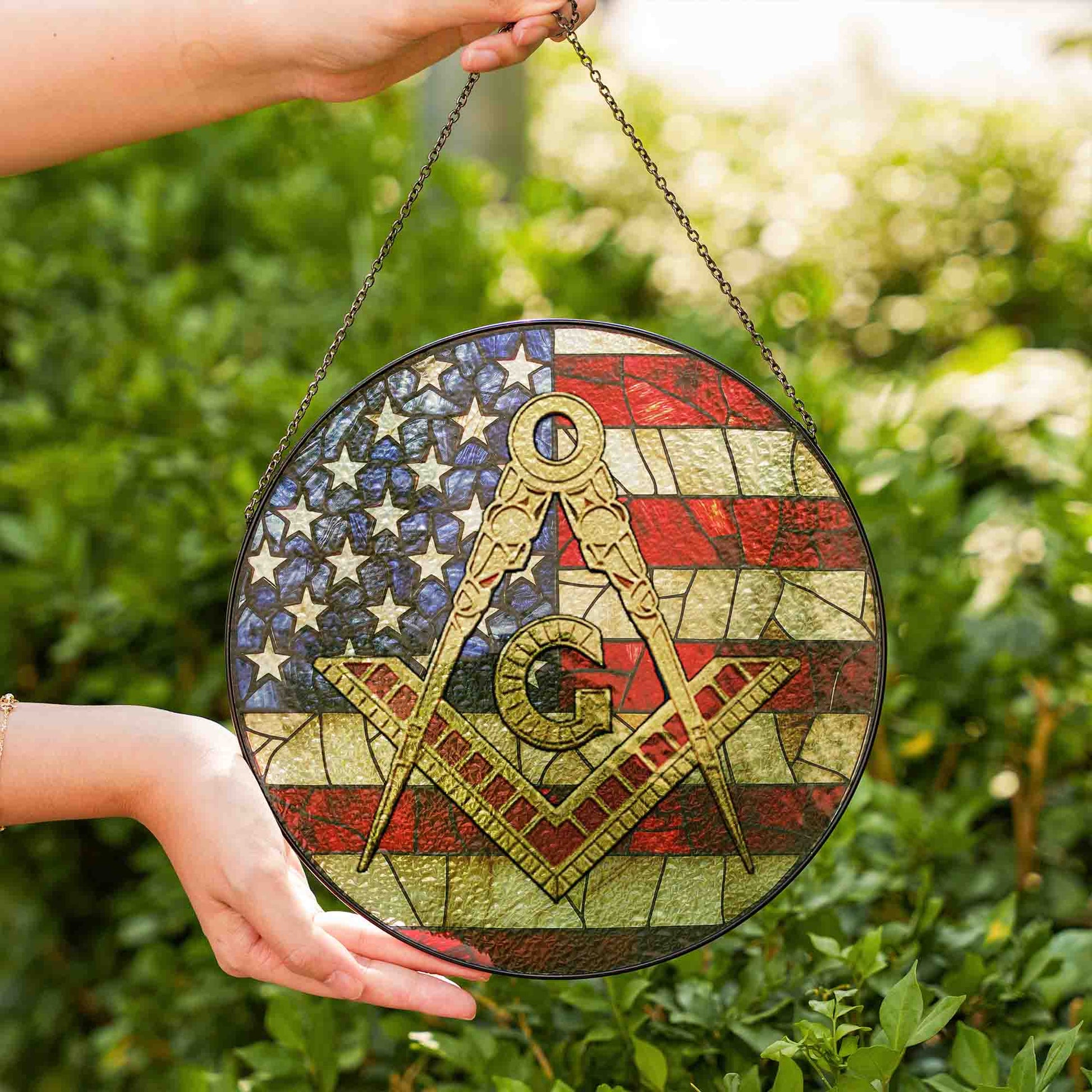 Masonic Symbol American Flag Stained Glass Suncatcher, Freemason Lodge Gift - FUKAMASONIC