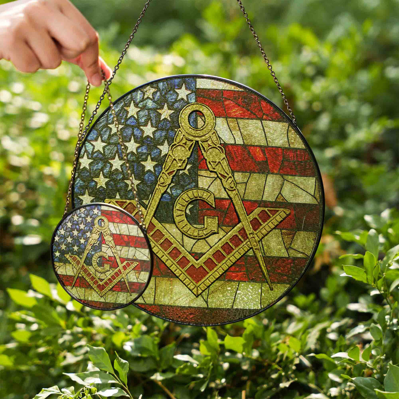 Masonic Symbol American Flag Stained Glass Suncatcher, Freemason Lodge Gift - FUKAMASONIC