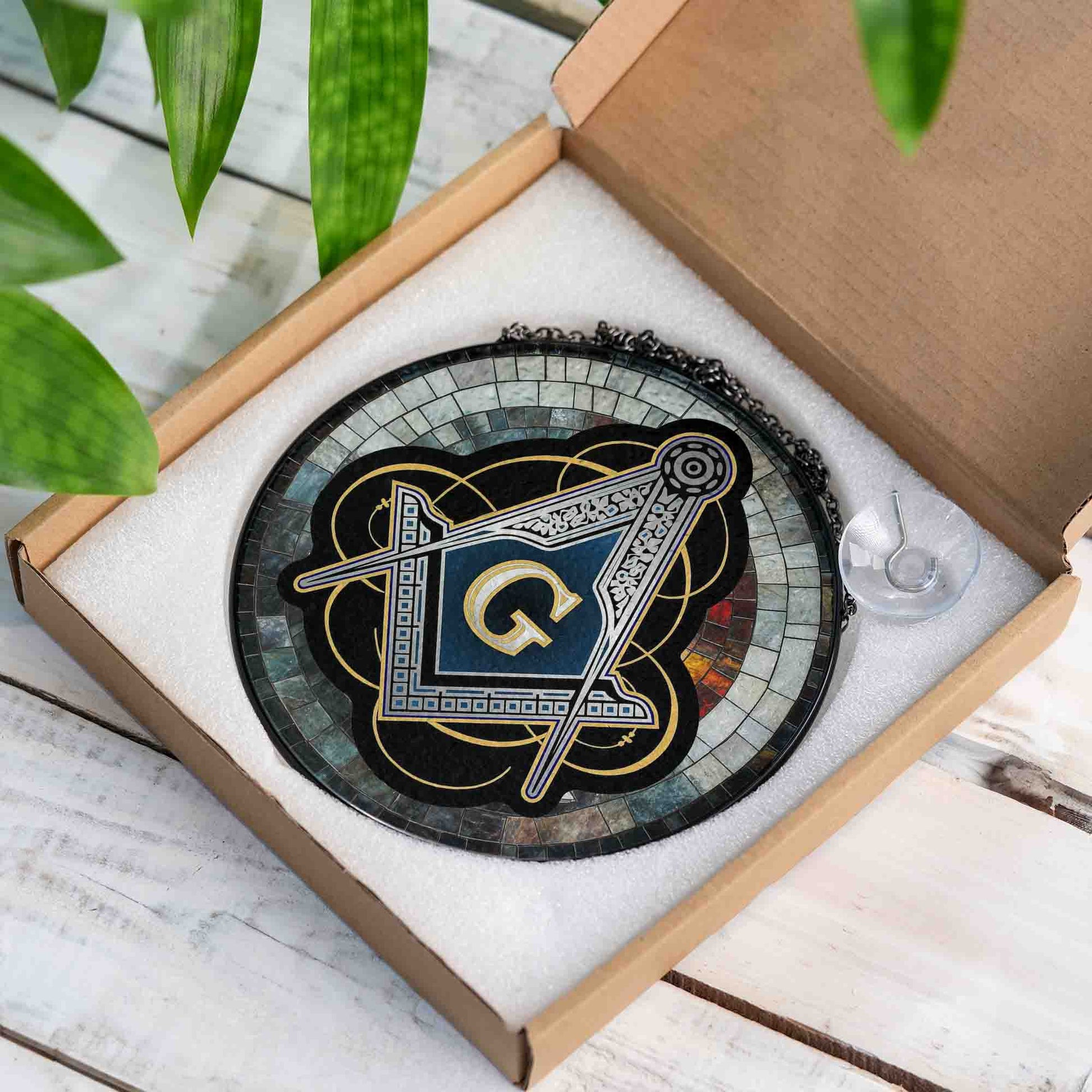 Masonic Symbol Mosaic Stone, Silver Stained Glass Suncatcher, Lodge Gift - FUKAMASONIC