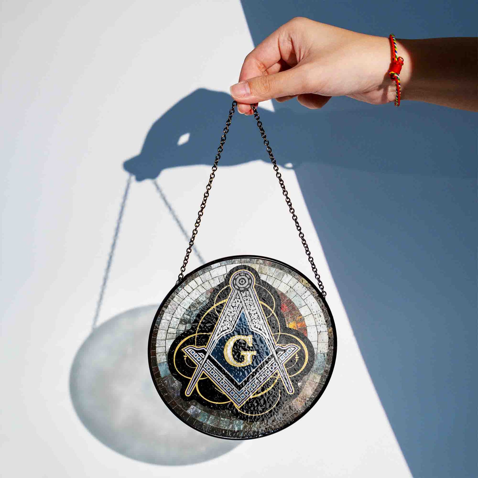 Masonic Symbol Mosaic Stone, Silver Stained Glass Suncatcher, Lodge Gift - FUKAMASONIC