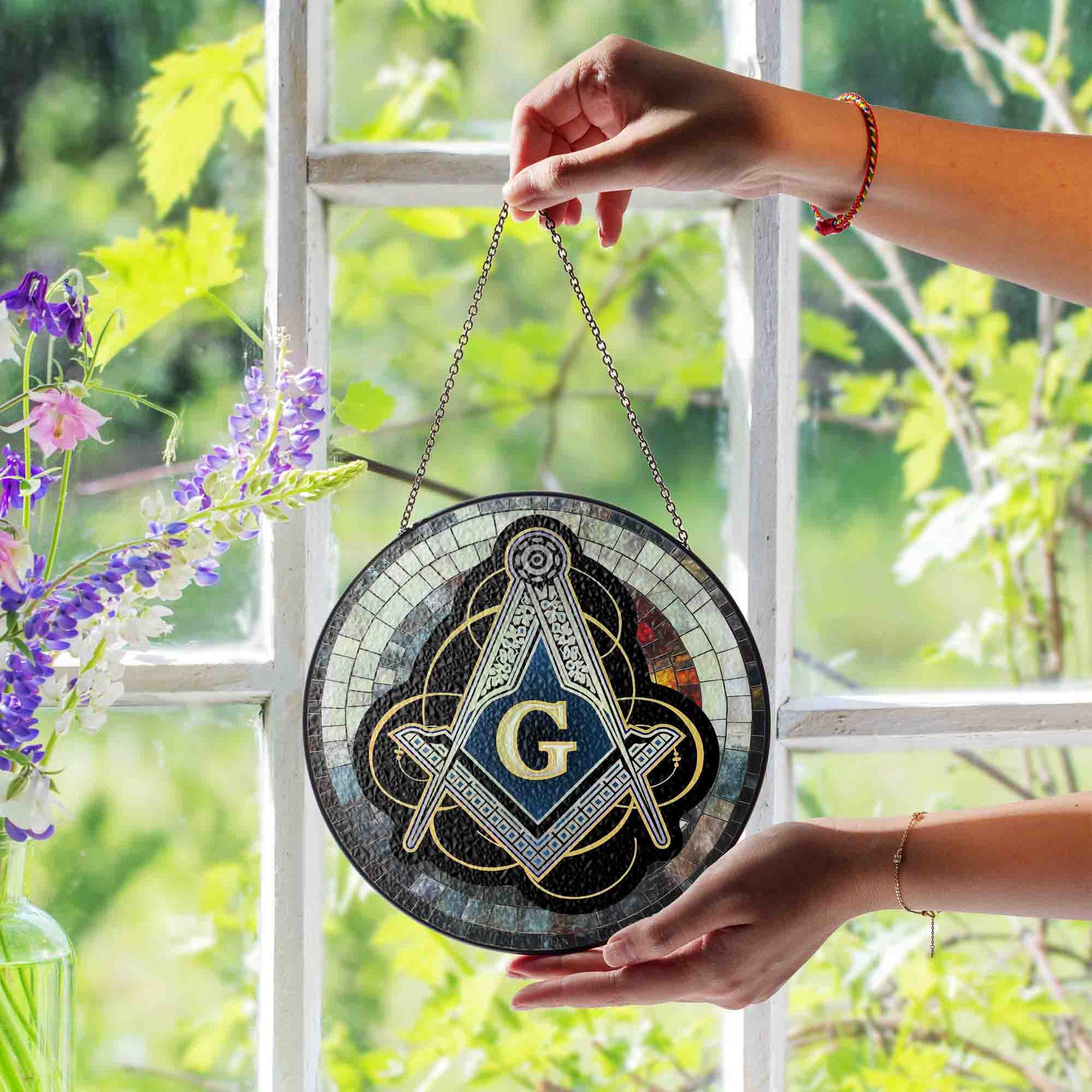Masonic Symbol Mosaic Stone, Silver Stained Glass Suncatcher, Lodge Gift - FUKAMASONIC