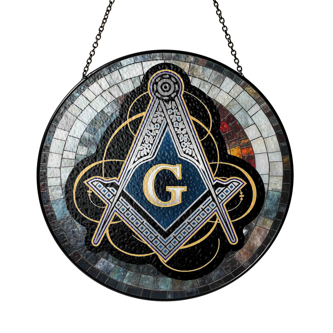 Masonic Symbol Mosaic Stone, Silver Stained Glass Suncatcher, Lodge Gift - FUKAMASONIC