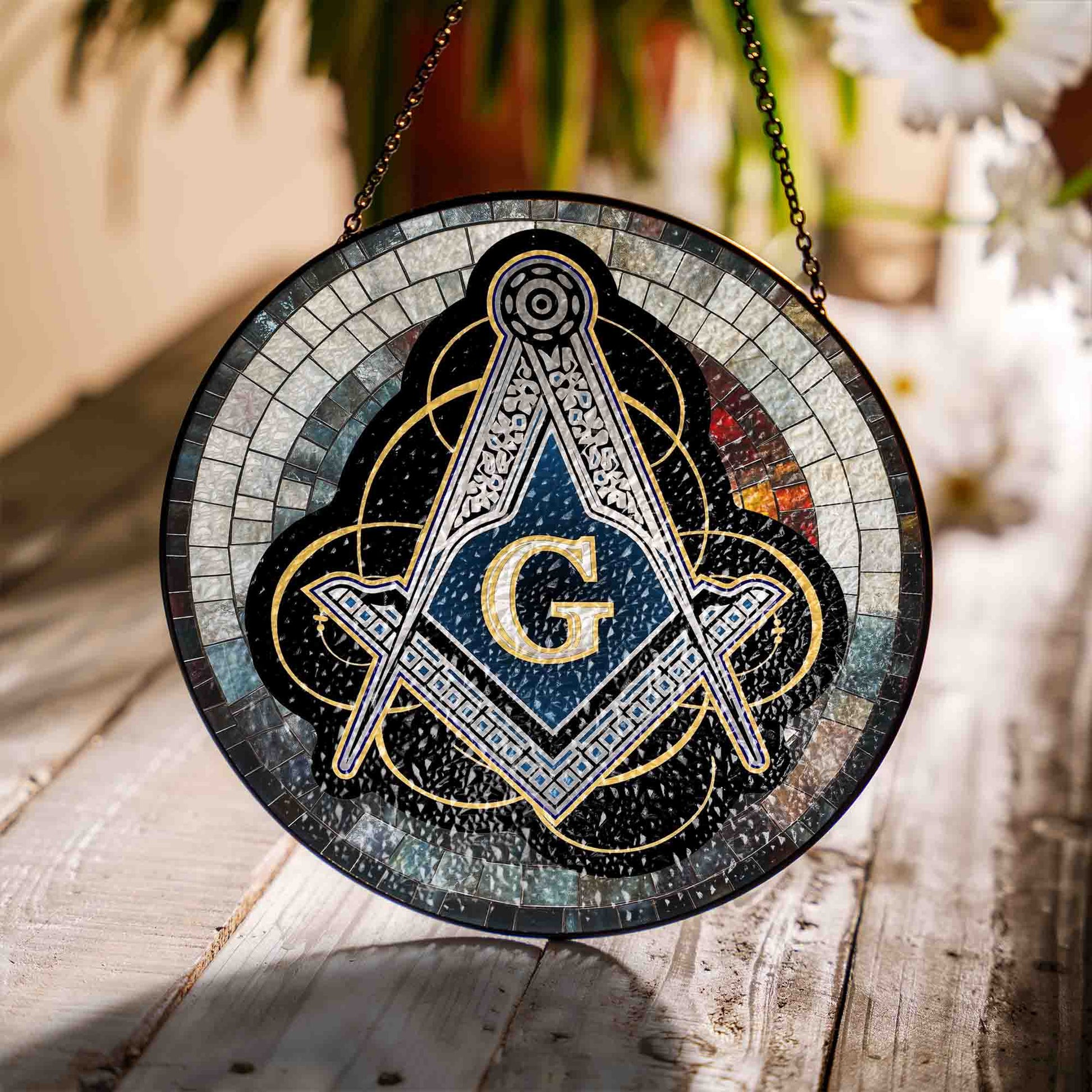 Masonic Symbol Mosaic Stone, Silver Stained Glass Suncatcher, Lodge Gift - FUKAMASONIC