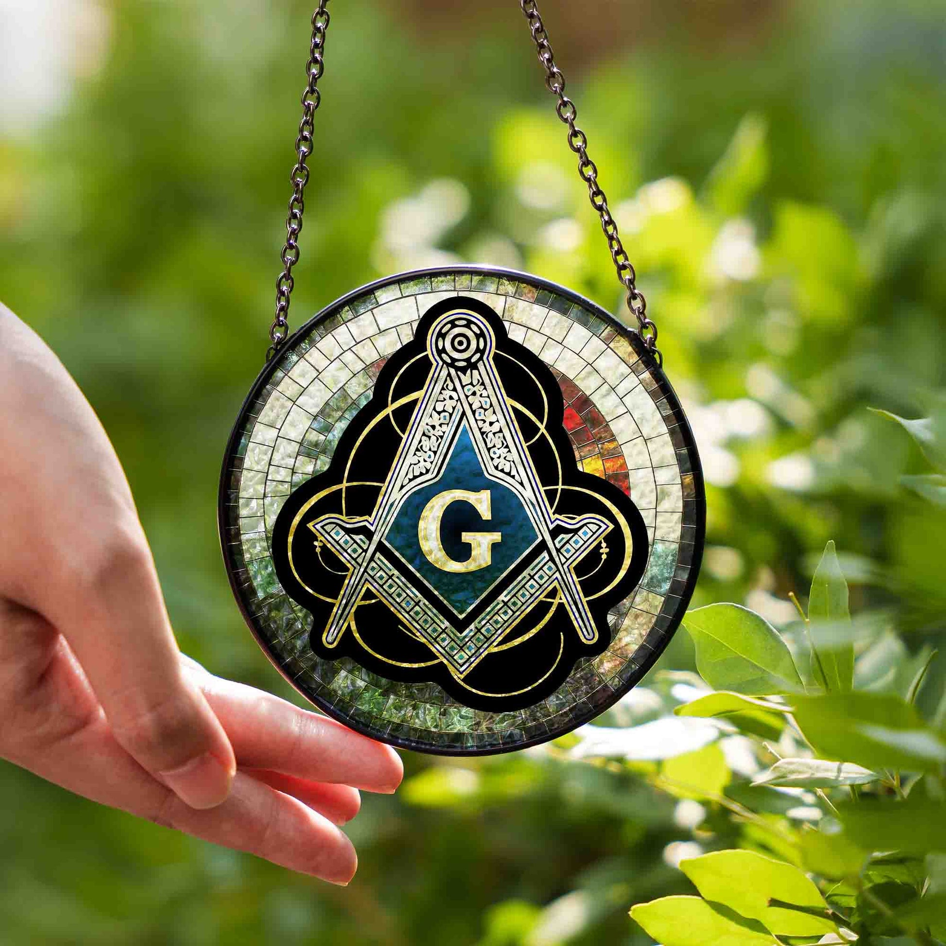 Masonic Symbol Mosaic Stone, Silver Stained Glass Suncatcher, Lodge Gift - FUKAMASONIC