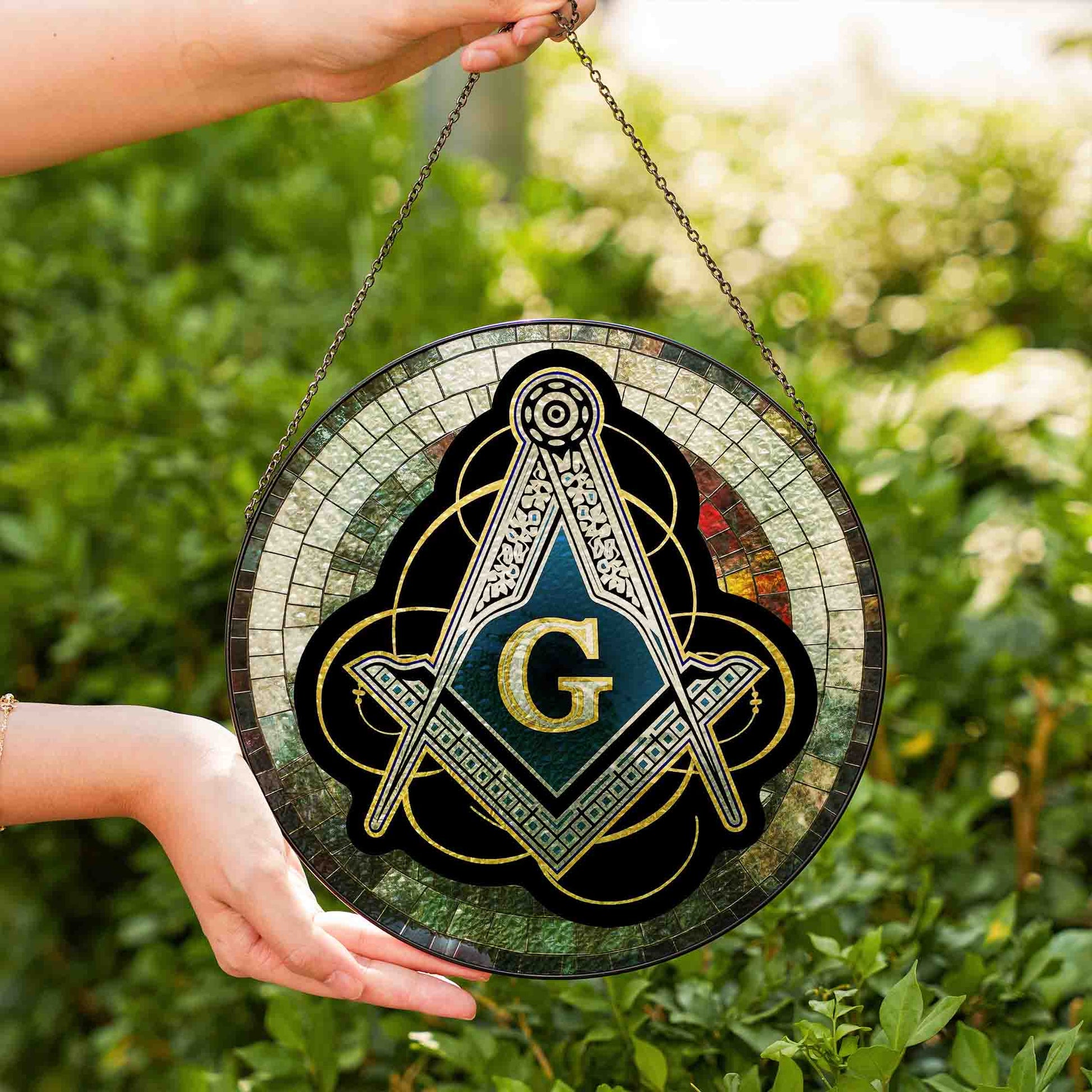 Masonic Symbol Mosaic Stone, Silver Stained Glass Suncatcher, Lodge Gift - FUKAMASONIC