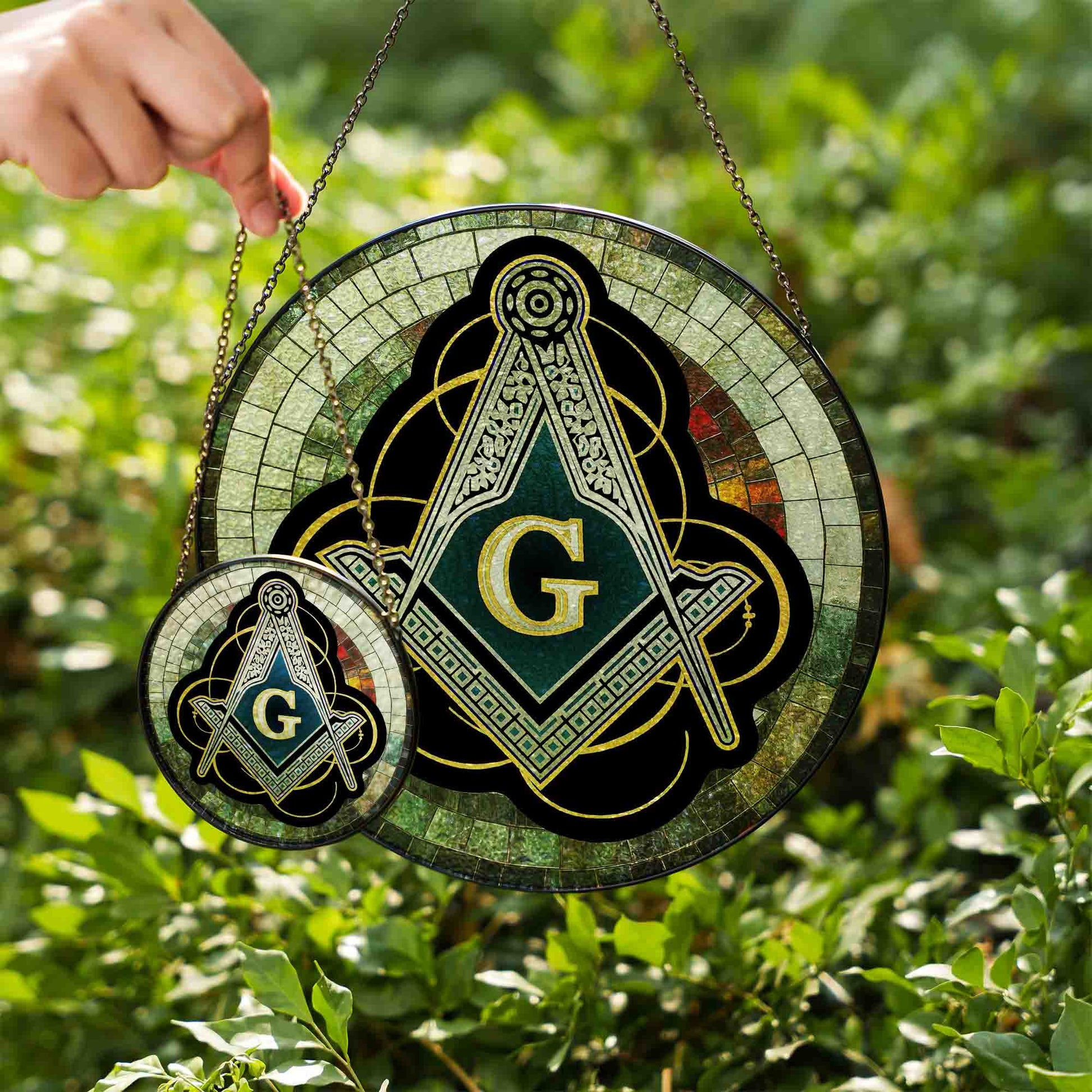 Masonic Symbol Mosaic Stone, Silver Stained Glass Suncatcher, Lodge Gift - FUKAMASONIC