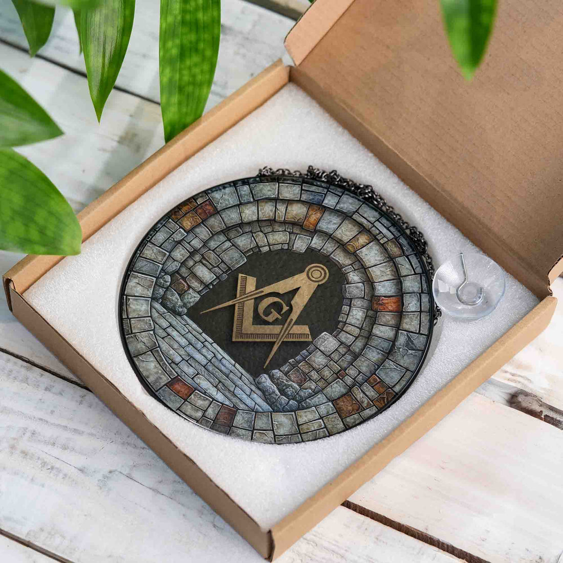 Freemason Symbol Stone Hallway Gray Stained Glass Suncatcher