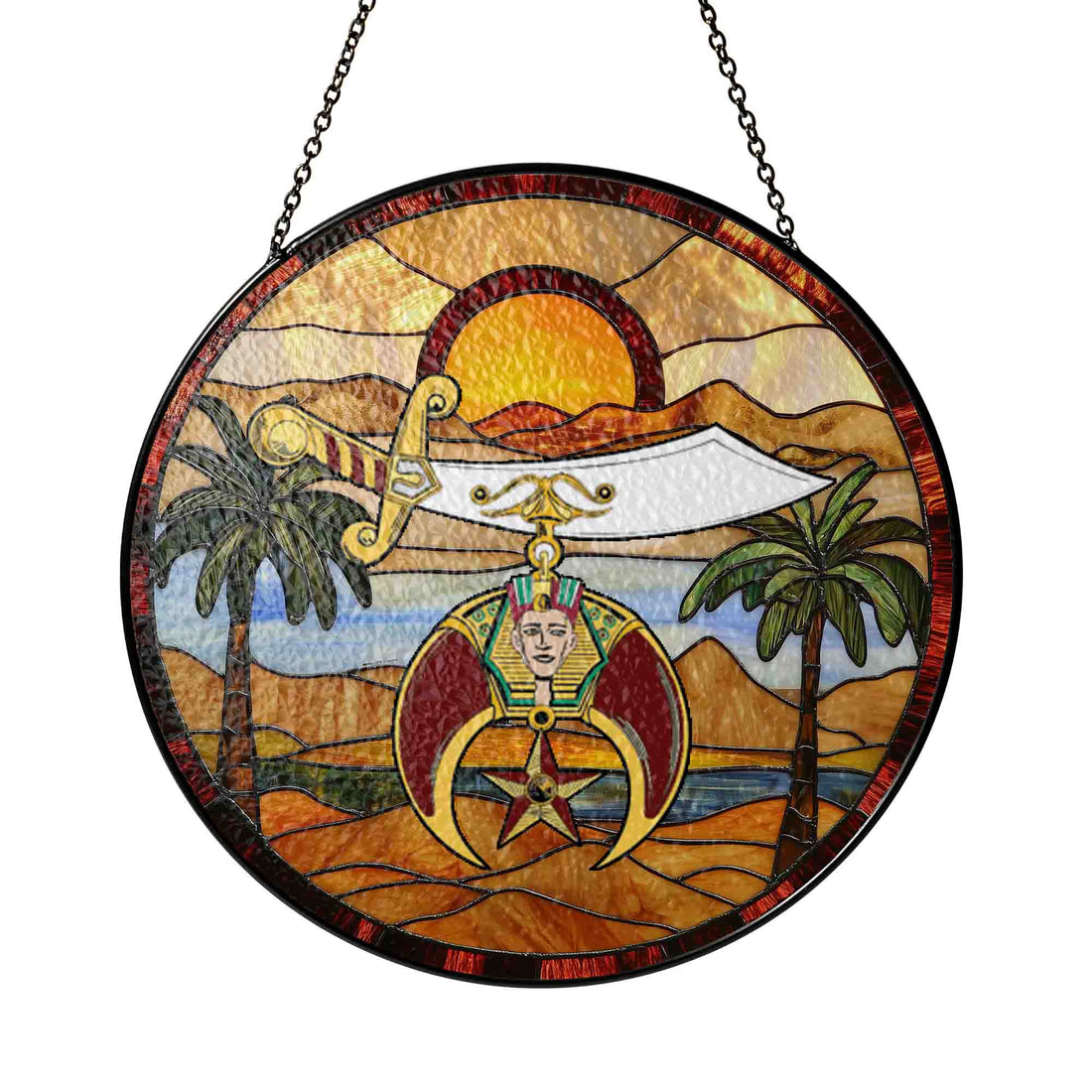 Shriners Symbol Sun Desert Oasis Warm Tones Stained Glass Suncatcher