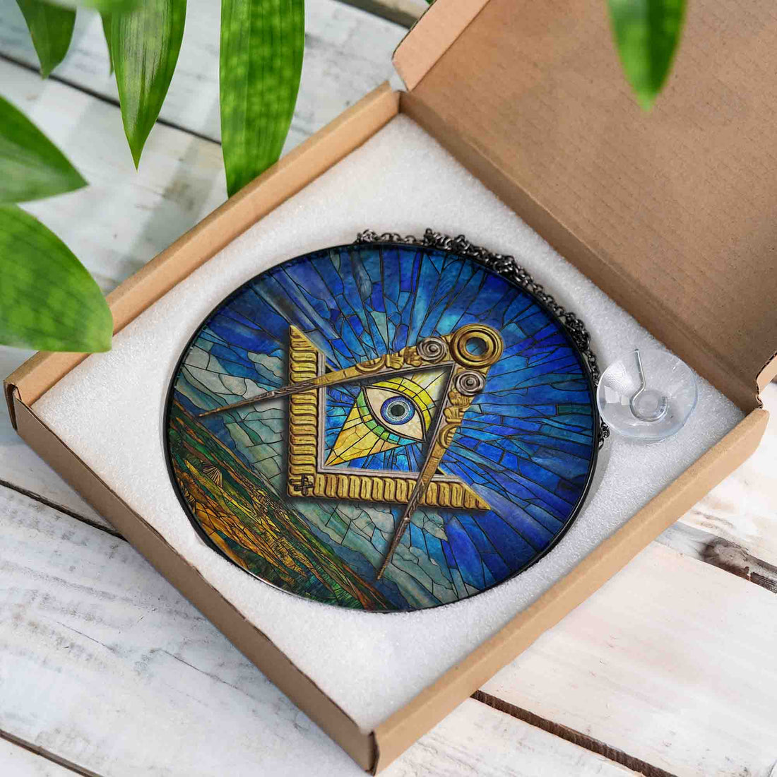 All Seeing Eye Earth Sky Blue Brown Masonic Glass Suncatcher