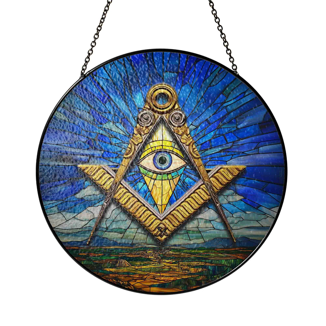 All Seeing Eye Earth Sky Blue Brown Masonic Glass Suncatcher