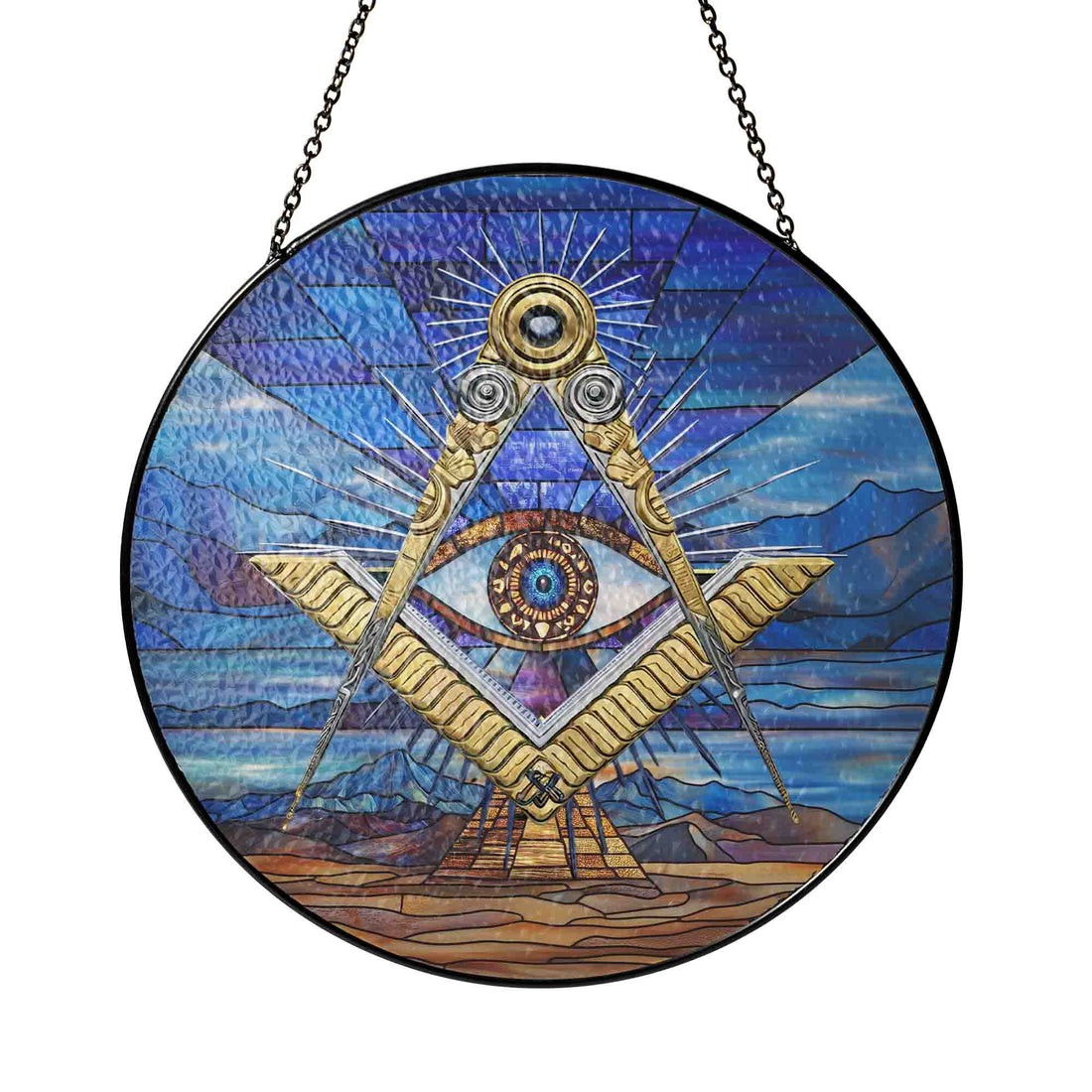 Sky Pyramid All Seeing Eye Sand Blue Masonic Stained Glass Art