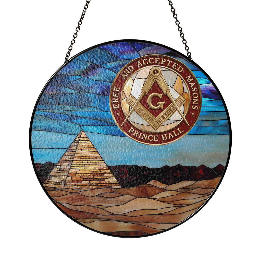 Masonic Prince Hall Mason Pyramid Sun Emblem Circle Yellow Red Blue Glass Suncatcher
