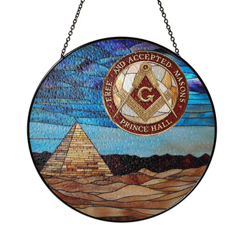 Masonic Prince Hall Mason Pyramid Sun Emblem Circle Yellow Red Blue Glass Suncatcher