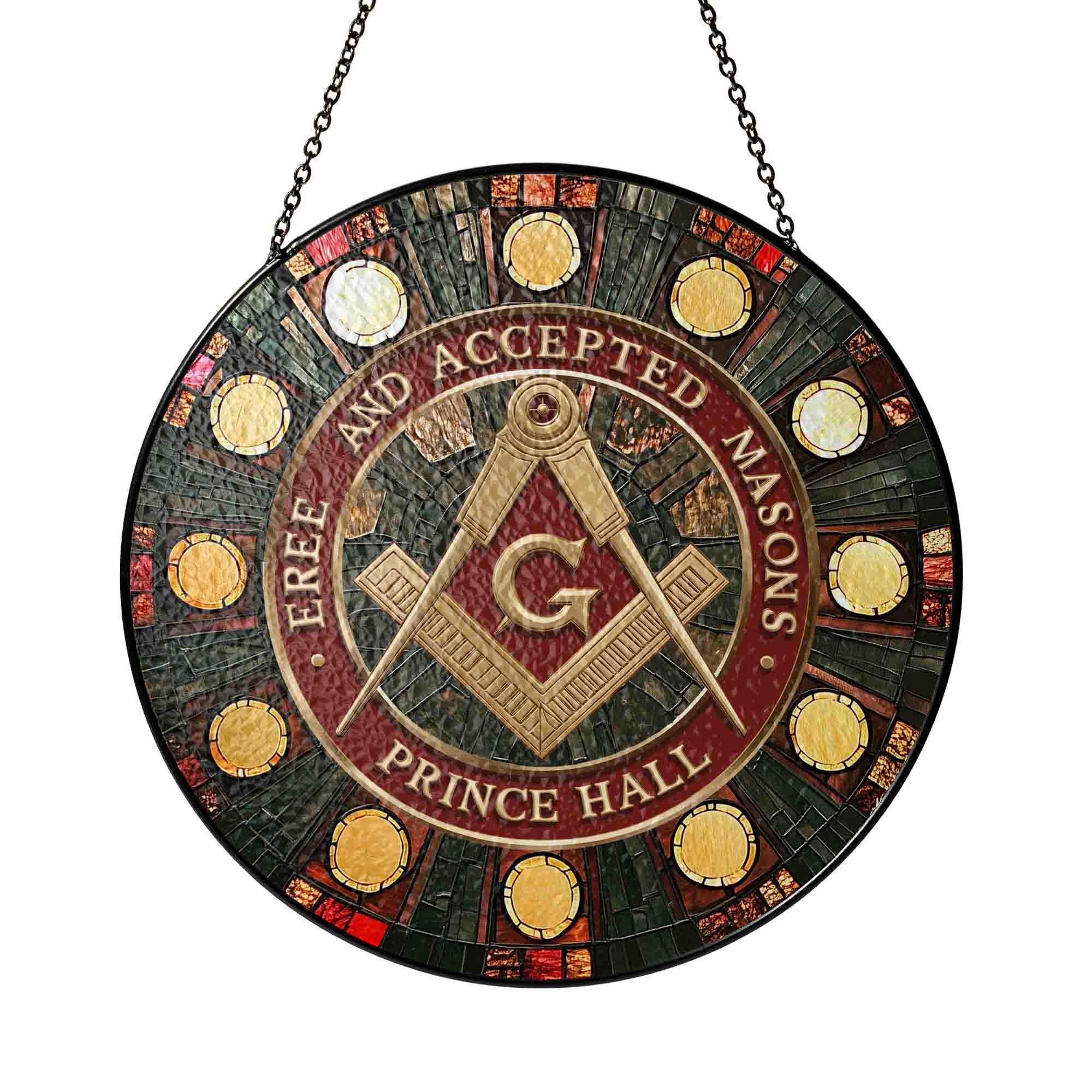 Freemason Prince Hall Mason Round Table Red Gold Masonic Stained Glass Suncatcher