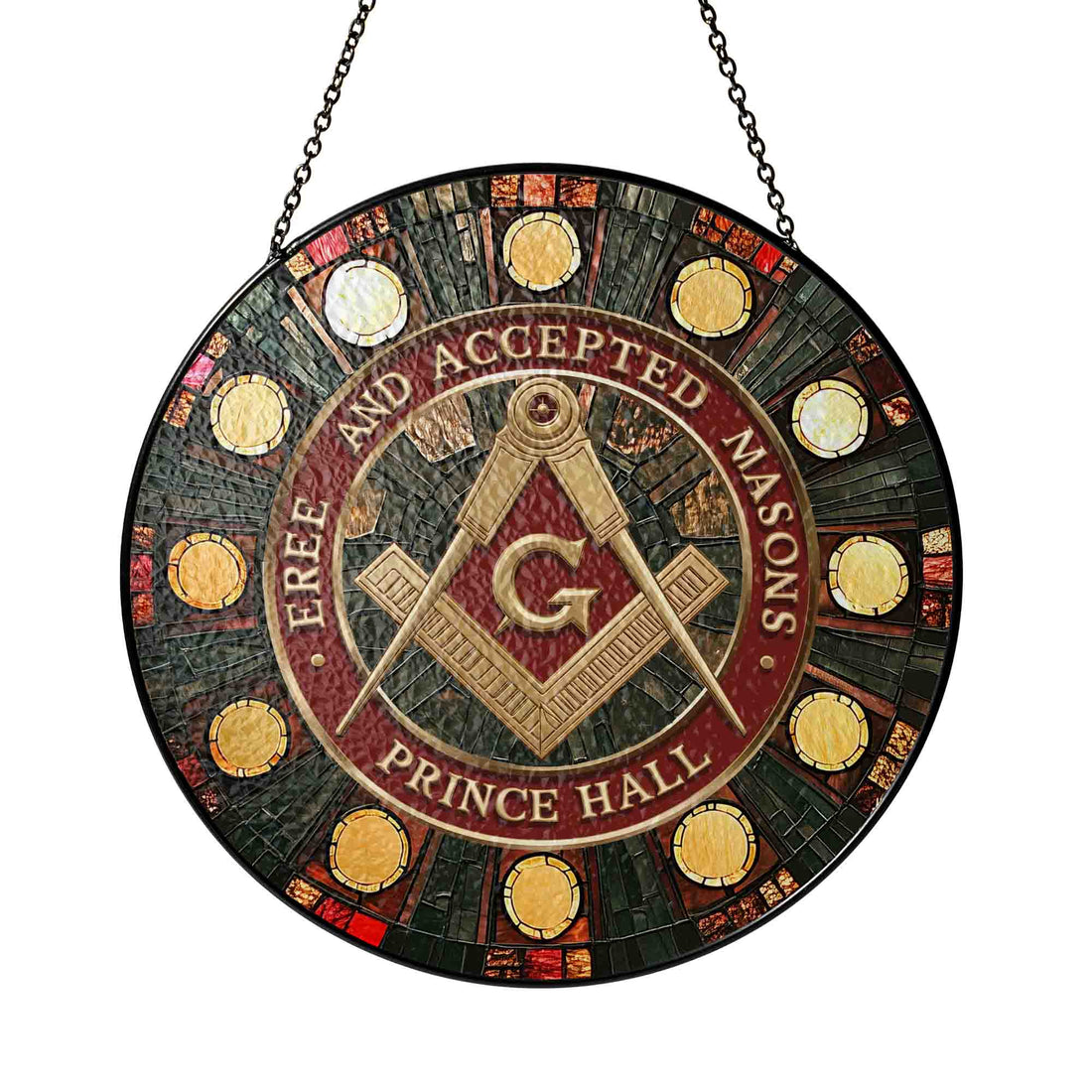 Freemason Prince Hall Mason Round Table Red Gold Masonic Stained Glass Suncatcher