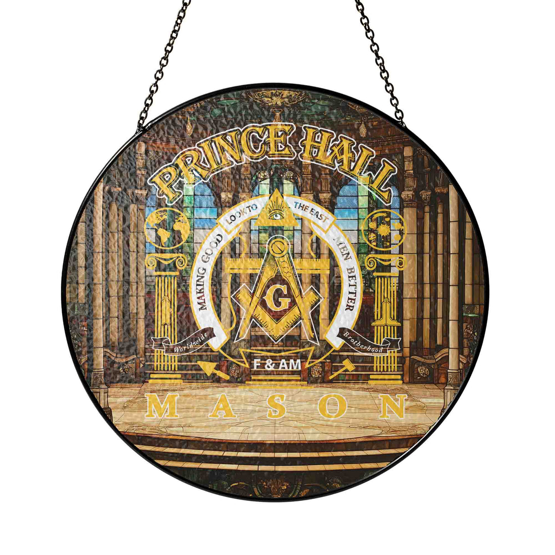 Prince Hall Lodge Golden Theater Masonic Stained Glass Suncatcher