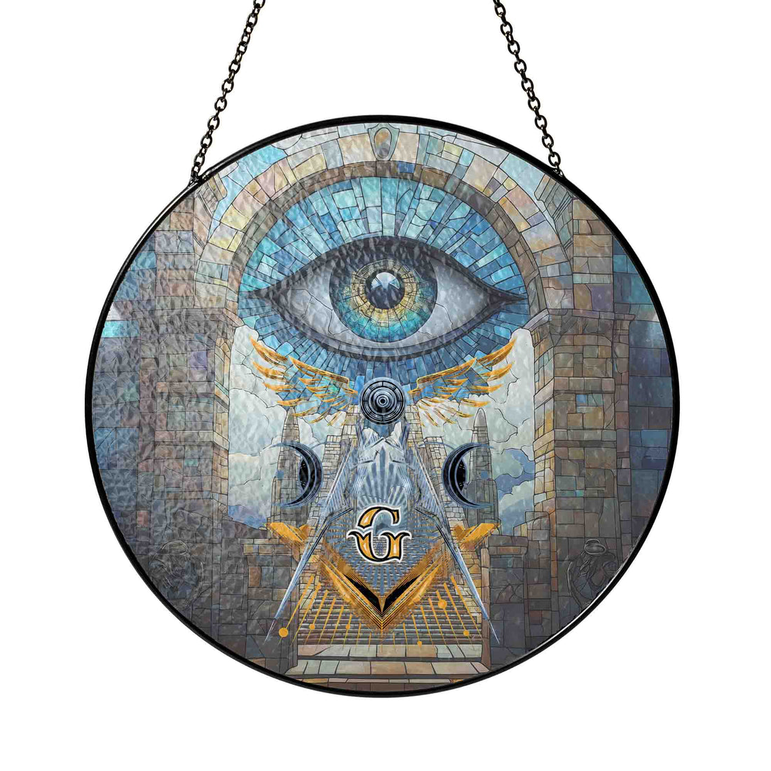 Stairways All Seeing Eye Blue Yellow Masonic Stained Glass Art