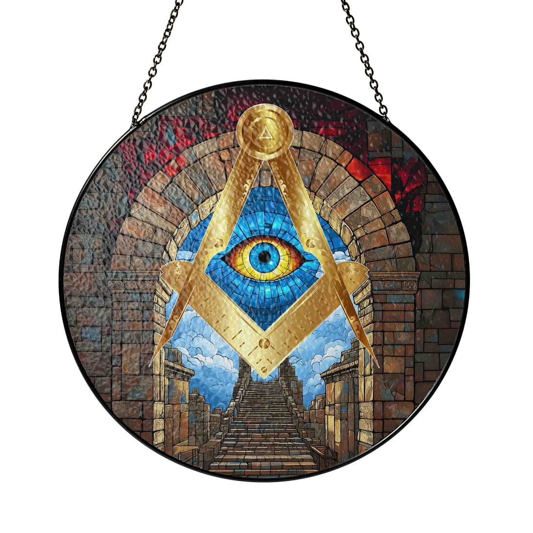 Masonic Stairs Arch Eye Symbol Gold Blue Glass Suncatcher