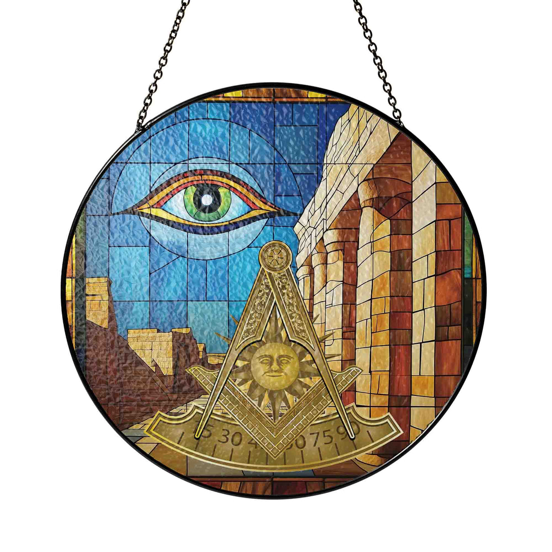Past Master Temple Eye Symbol Blue Gold Masonic Suncatcher