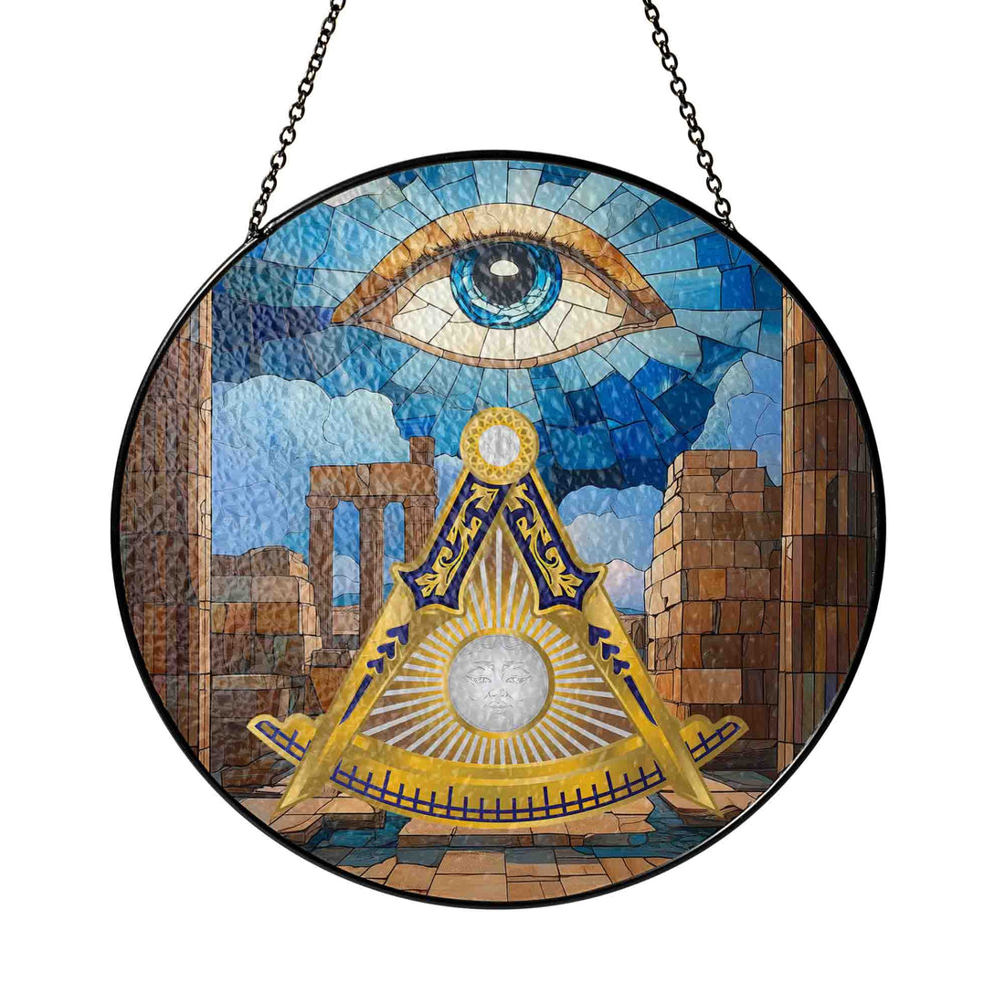 Stone Ruins Eye Symbol Blue Gold Masonic Glass Suncatcher