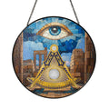 Stone Ruins Eye Symbol Blue Gold Masonic Glass Suncatcher