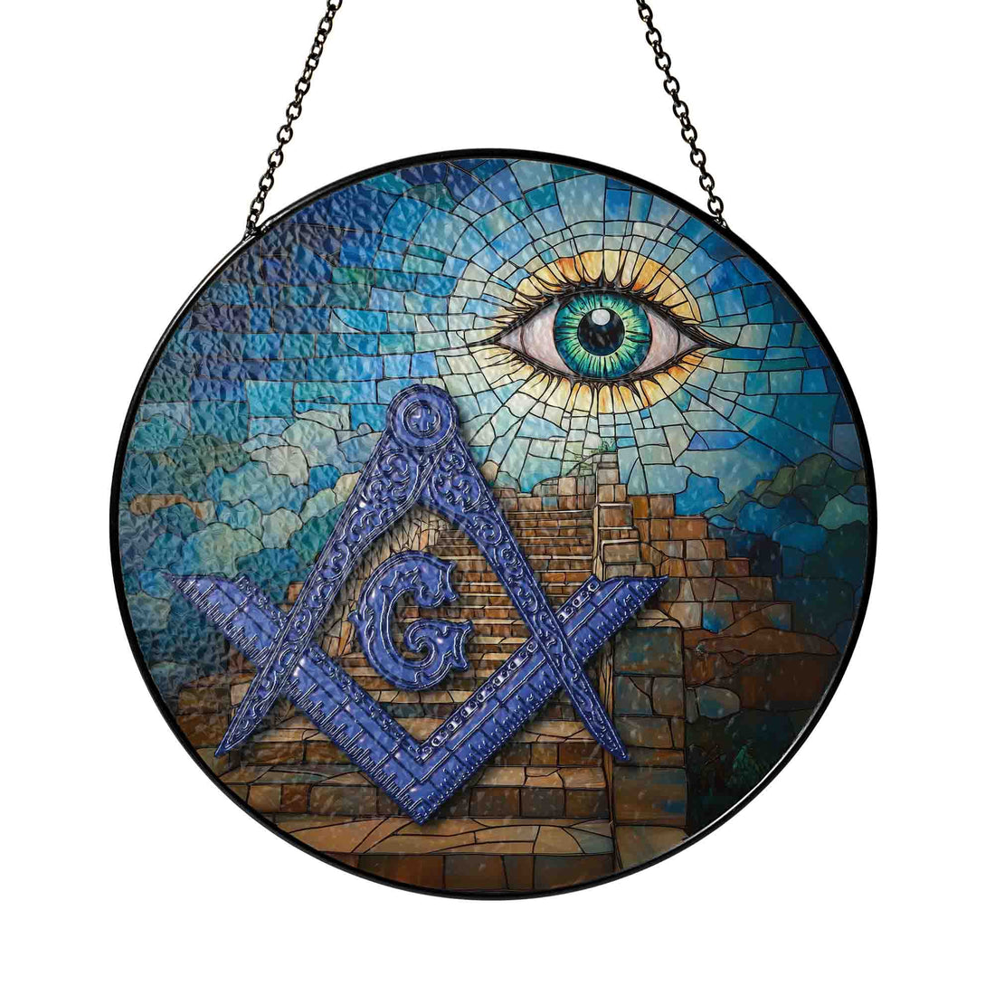 Masonic Stairways All Seeing Eye Blue Brown Glass Suncatcher