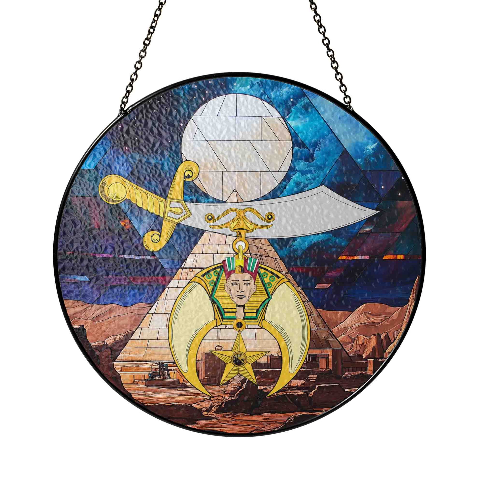 Shriners Moon Desert Pyramid Sand Blue Masonic Glass Suncatcher