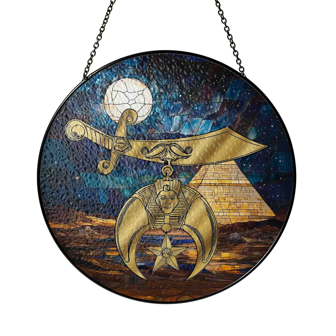 Golden Shriners Moon Desert Pyramid Sand Blue Glass Suncatcher