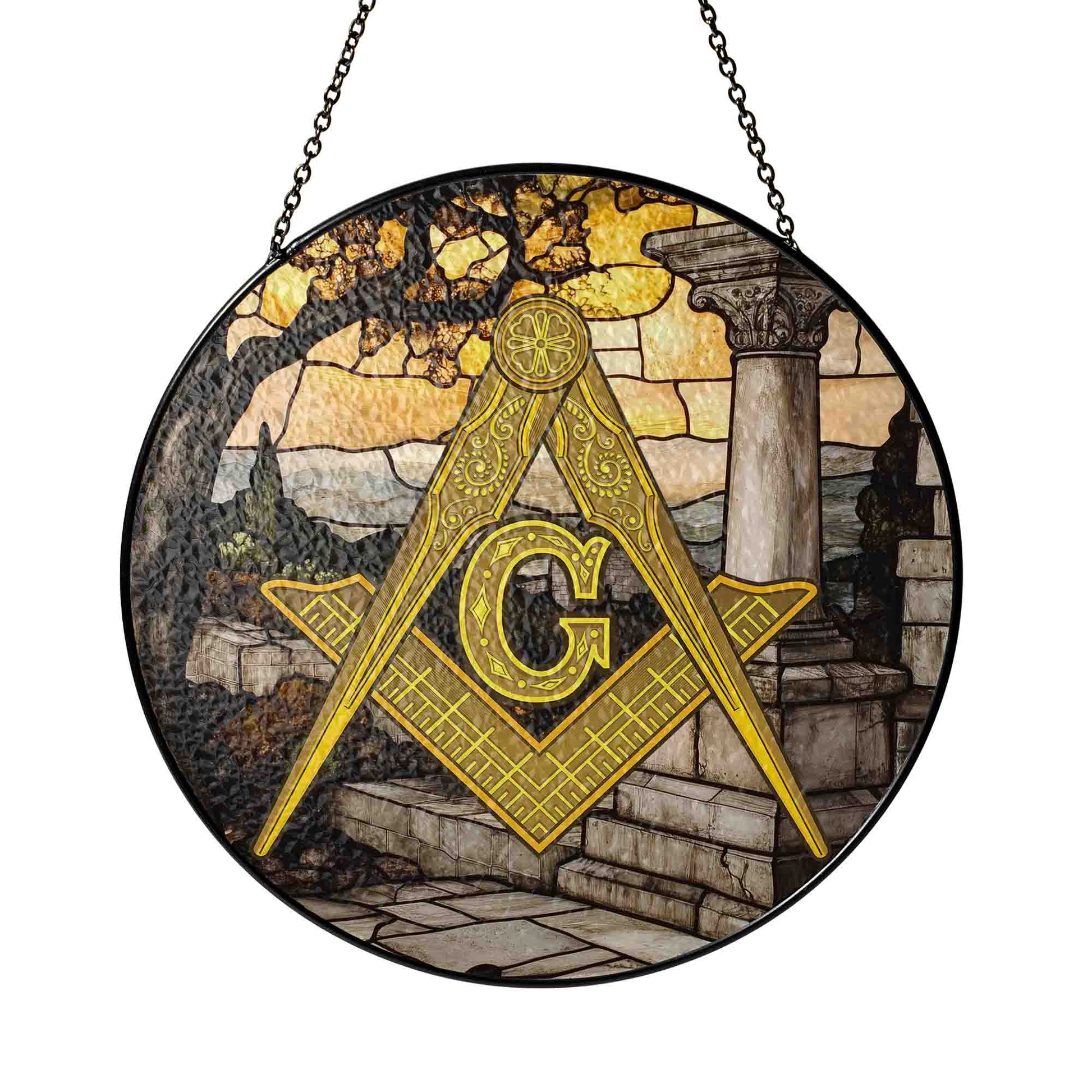 Freemason Lone Stone Pillar Gray Yellow Glass Suncatcher