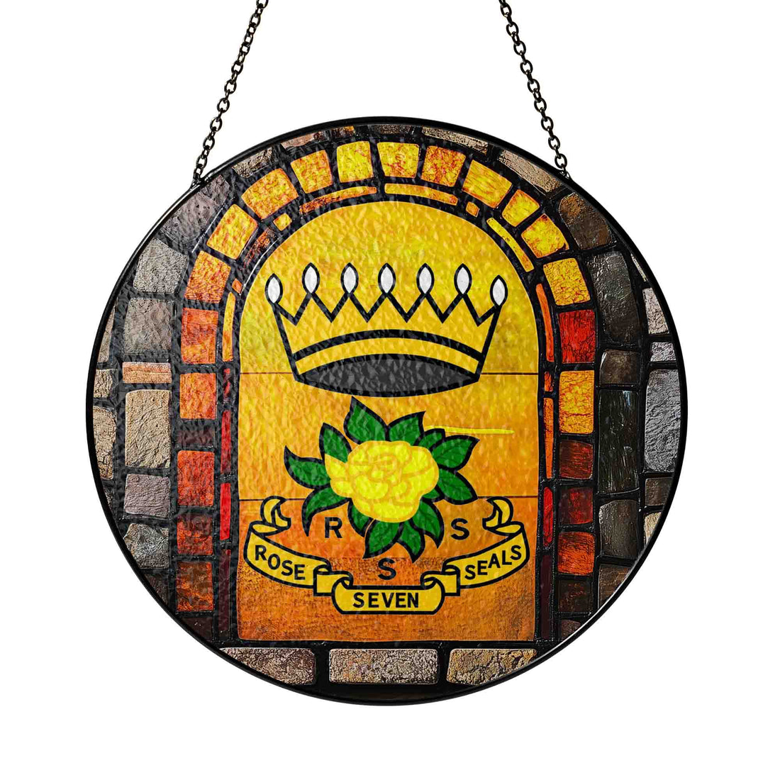 Rose of Seven Seals Tablet Yellow Glass Masonic Suncatcher