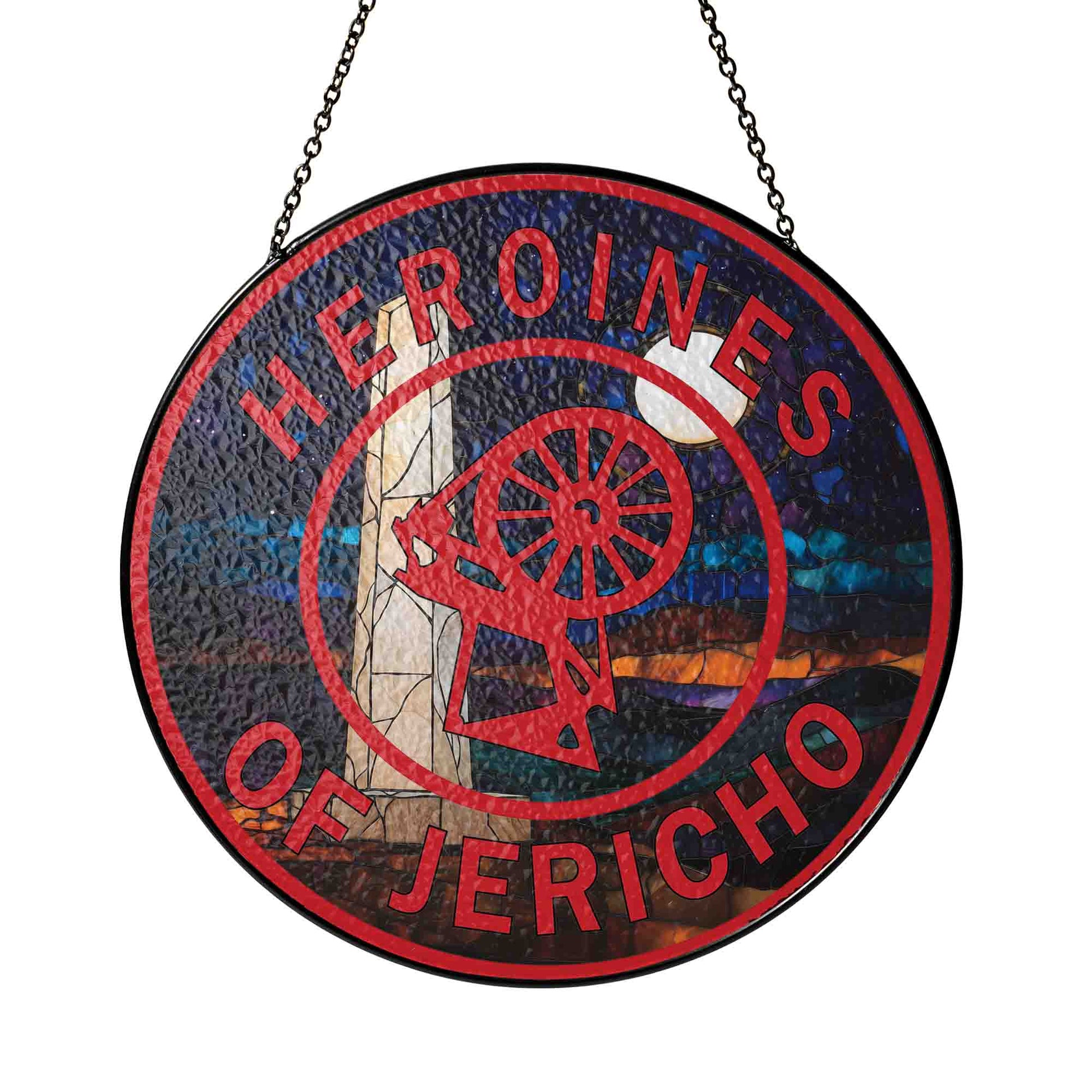 Jericho Symbol Stone Obelisk Red Blue Masonic Glass Suncatcher