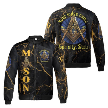 Customize Lodge Name and Number Freemasonry Masonic Symbol Marble Black Gold 3D Bomber Jacket Size S-5XL
