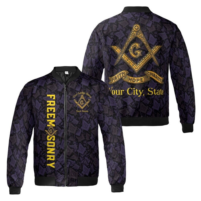 Customize Name Lodge Name Masonic Letter G Faith Hope Charity Pattern Seamless Freemasonry 3D Bomber Jacket Size S-5XL